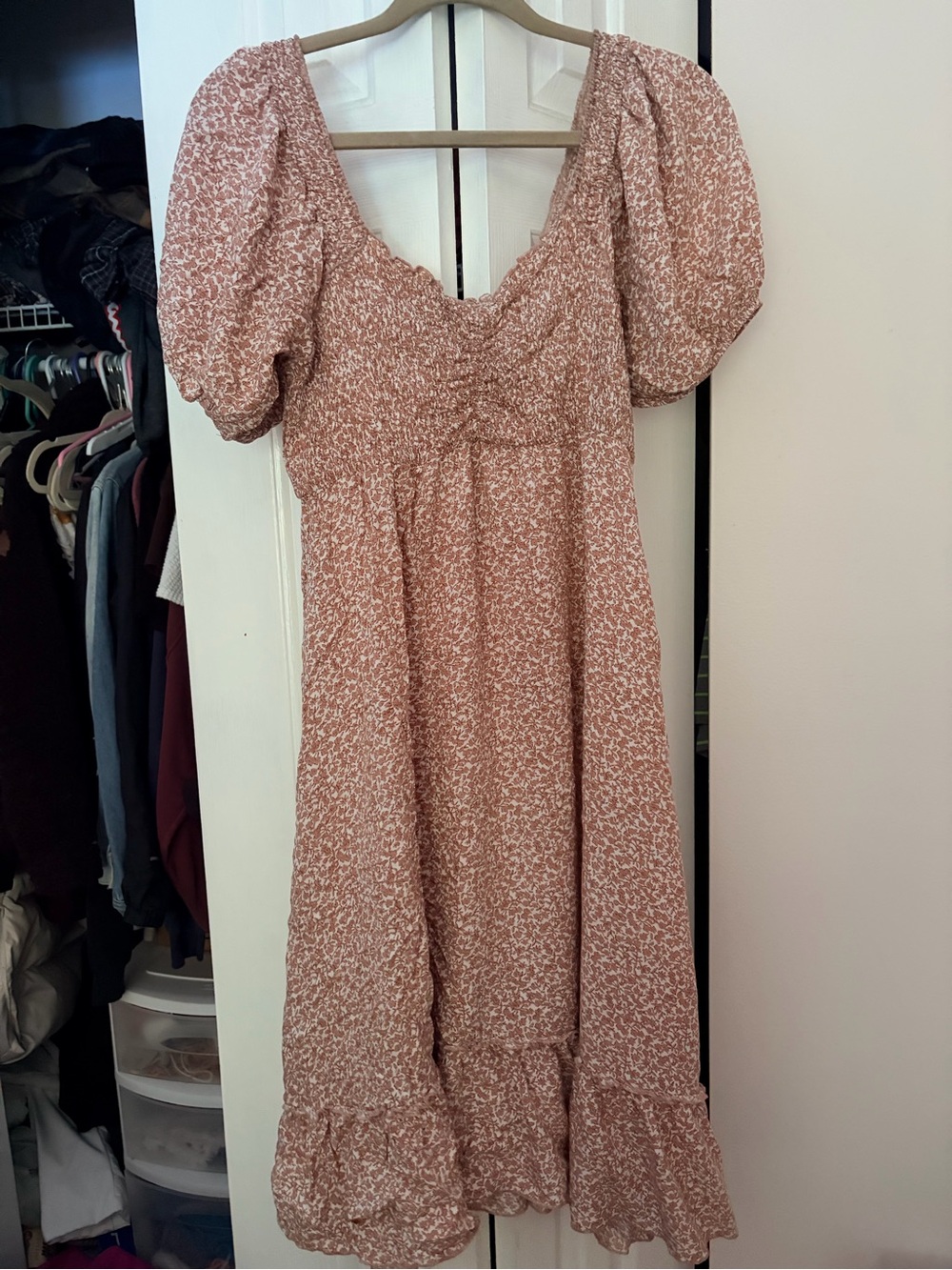 Smocked Puff Sleeve Midi Dress in dusty mauve Floral